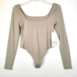 Lululemon Womens Nulu Bodysuit Size Small Beige Square Neck Pilates Yoga Sheen